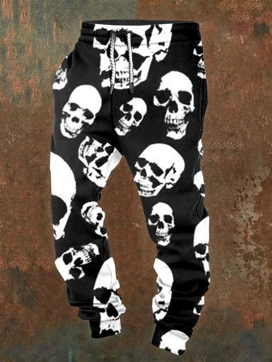 Men's casual jogging pants with drawstrings and Halloween skull prints, suitable for outdoor wear, autumn and winter fashion