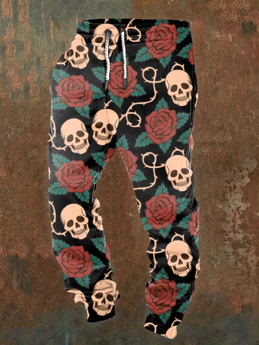 Men's casual jogging pants with drawstrings and Halloween skull prints, suitable for outdoor wear, autumn and winter fashion