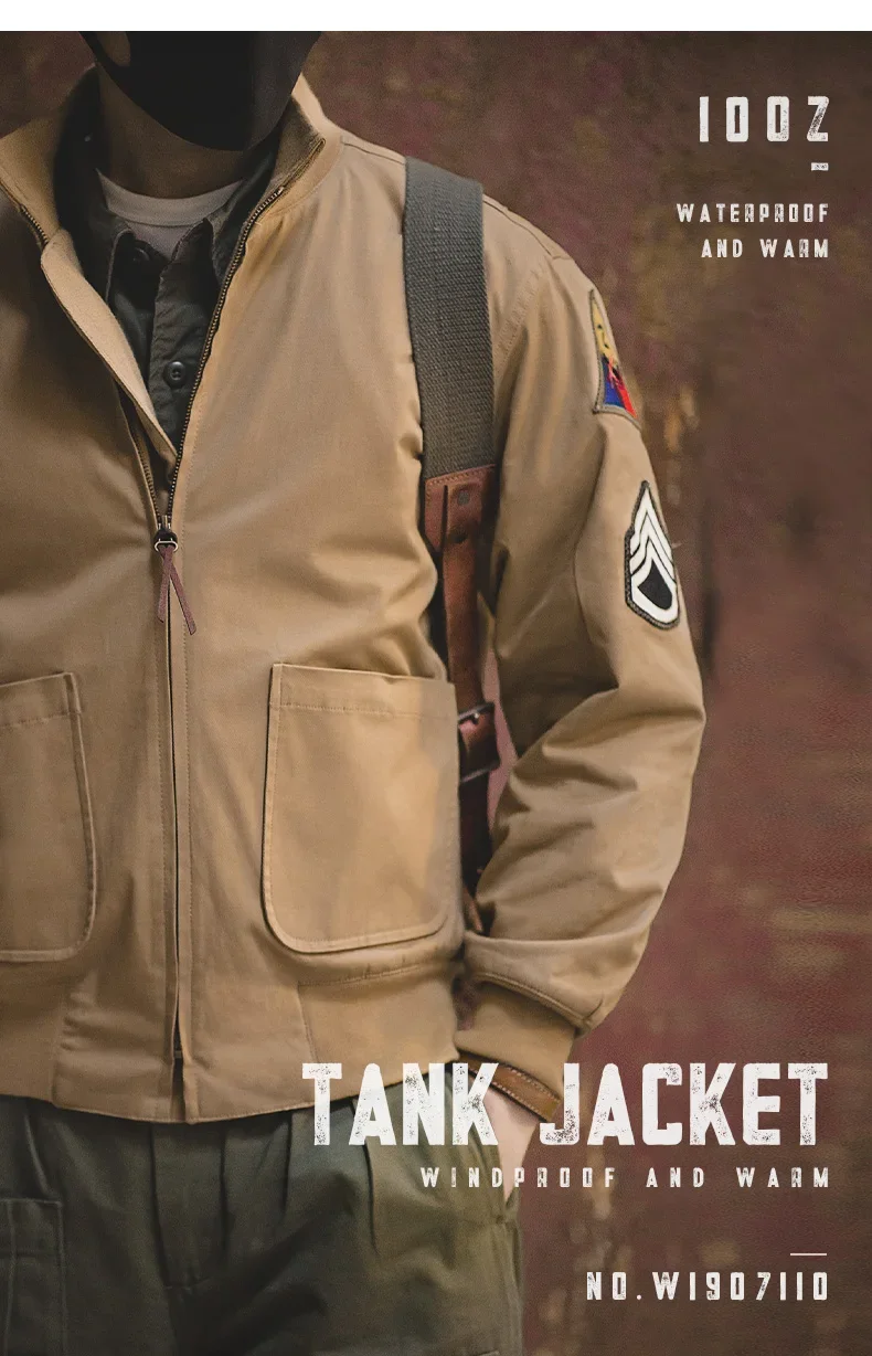 Maden Men's Vintage M1942 Tank Jackets Lightweight and Thicker Versions Khaki Coat Zippered Tapered Hem Outwear for Men