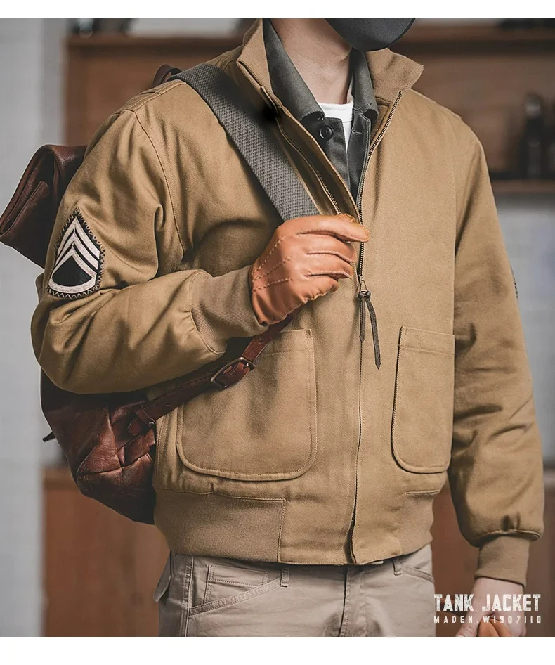 Maden Men's Vintage M1942 Tank Jackets Lightweight and Thicker Versions Khaki Coat Zippered Tapered Hem Outwear for Men