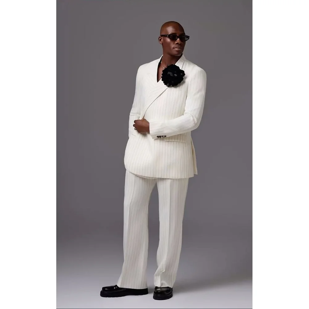 Fashion Plaid Men's Suits White Stripe 2 Pieces Jacket Pants Blazers Sets Elegant Banquet Office Party Male Clothing