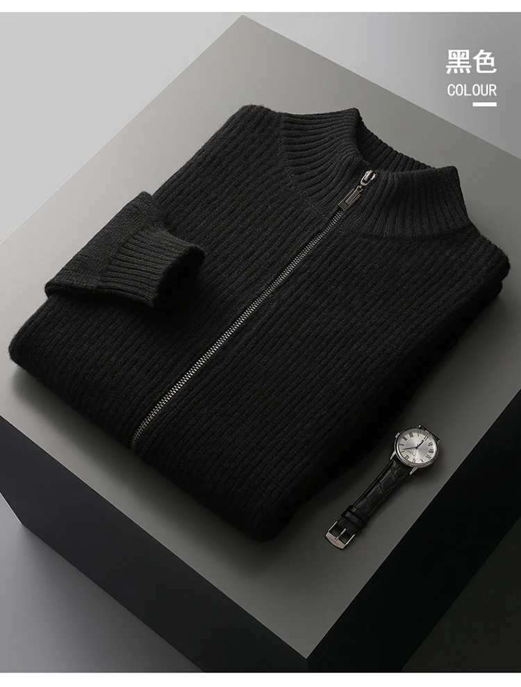 YTFidio 100% Wool Men Sweater Half High Collar Zipper Sweater with pocket Thickened Warm Loose Solid Cardigan Knitwear Basic 193