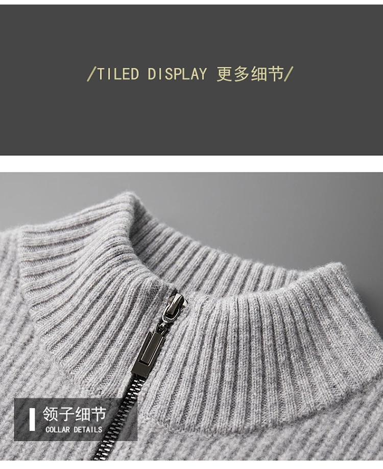 YTFidio 100% Wool Men Sweater Half High Collar Zipper Sweater with pocket Thickened Warm Loose Solid Cardigan Knitwear Basic 193