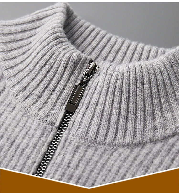 YTFidio 100% Wool Men Sweater Half High Collar Zipper Sweater with pocket Thickened Warm Loose Solid Cardigan Knitwear Basic 193