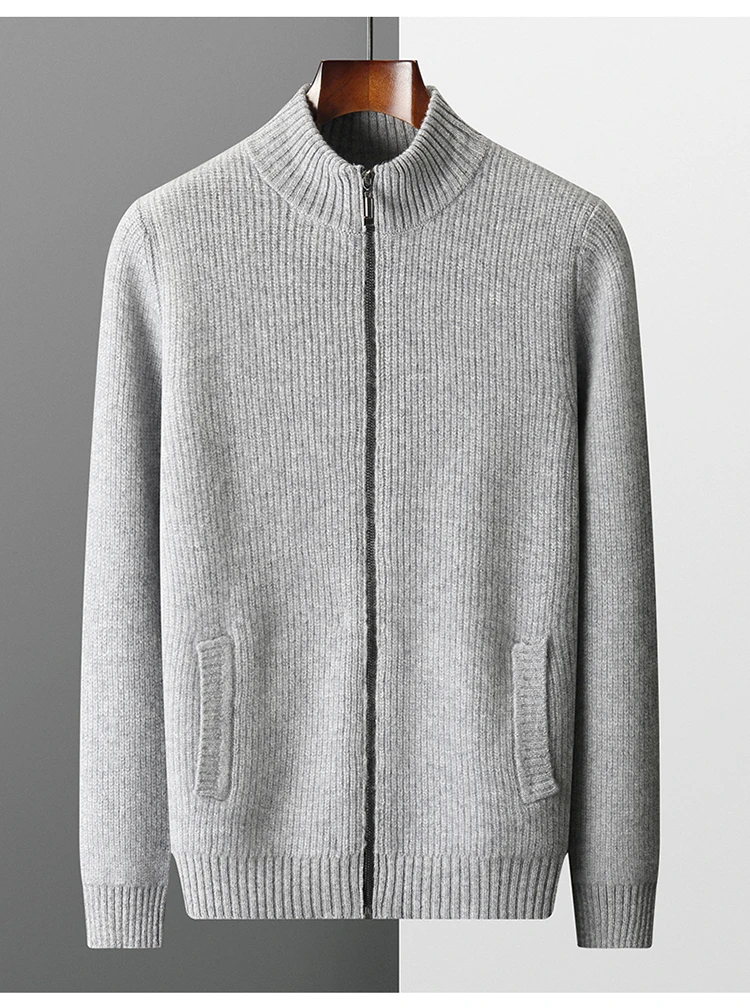 YTFidio 100% Wool Men Sweater Half High Collar Zipper Sweater with pocket Thickened Warm Loose Solid Cardigan Knitwear Basic 193