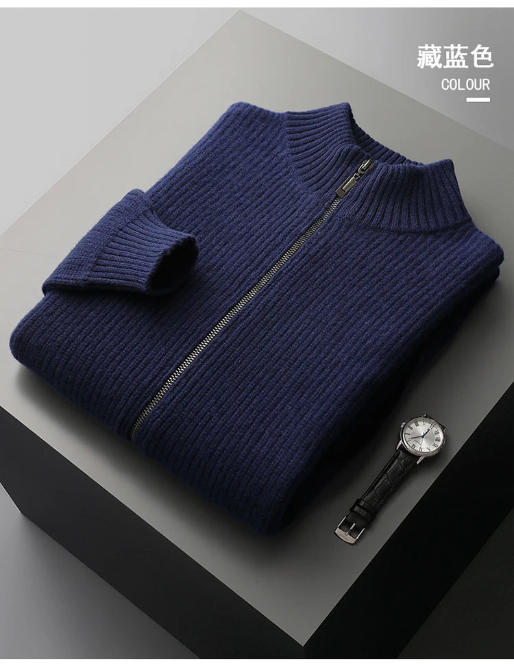 YTFidio 100% Wool Men Sweater Half High Collar Zipper Sweater with pocket Thickened Warm Loose Solid Cardigan Knitwear Basic 193
