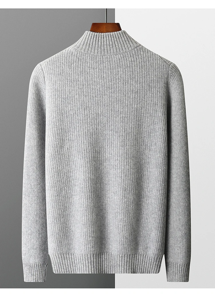 YTFidio 100% Wool Men Sweater Half High Collar Zipper Sweater with pocket Thickened Warm Loose Solid Cardigan Knitwear Basic 193