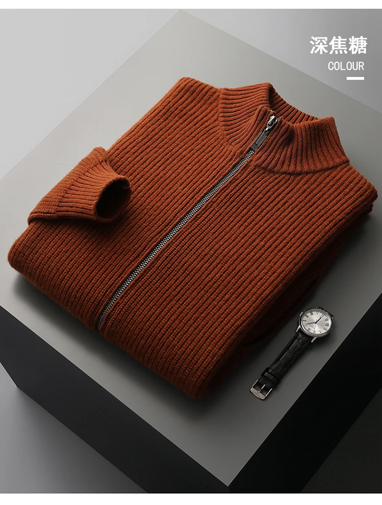YTFidio 100% Wool Men Sweater Half High Collar Zipper Sweater with pocket Thickened Warm Loose Solid Cardigan Knitwear Basic 193