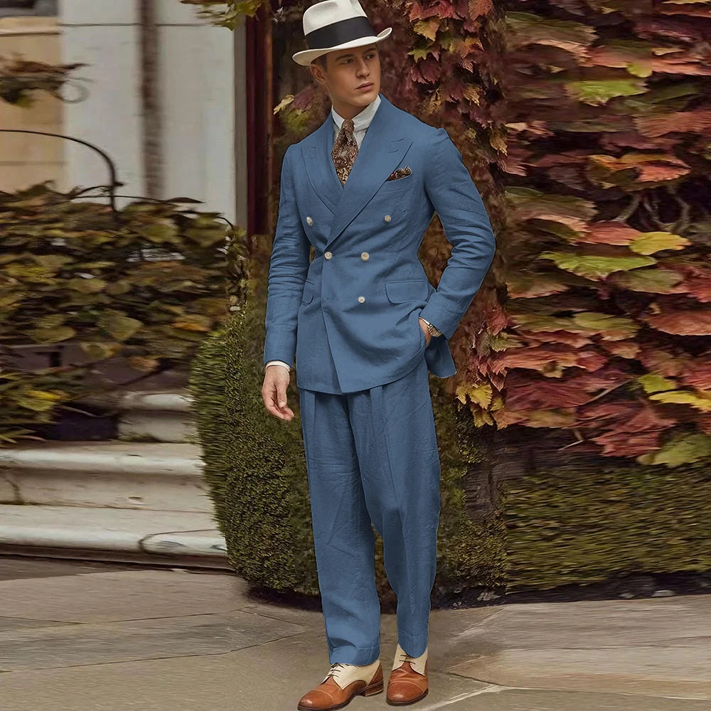 Linen Fabric Men Suits High Quality Banquet Peak Lapel Formal Occasion Customize 2 Pieces Jacket Pant Male Clothing Fashion
