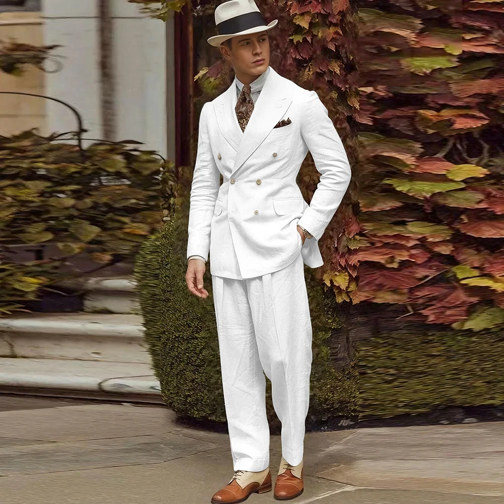 Linen Fabric Men Suits High Quality Banquet Peak Lapel Formal Occasion Customize 2 Pieces Jacket Pant Male Clothing Fashion