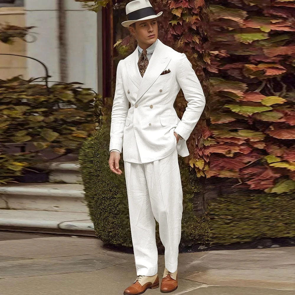 Linen Fabric Men Suits High Quality Banquet Peak Lapel Formal Occasion Customize 2 Pieces Jacket Pant Male Clothing Fashion