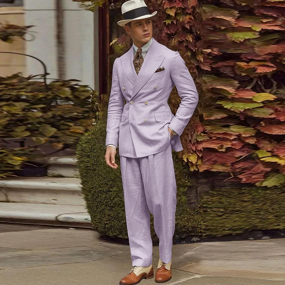 Linen Fabric Men Suits High Quality Banquet Peak Lapel Formal Occasion Customize 2 Pieces Jacket Pant Male Clothing Fashion