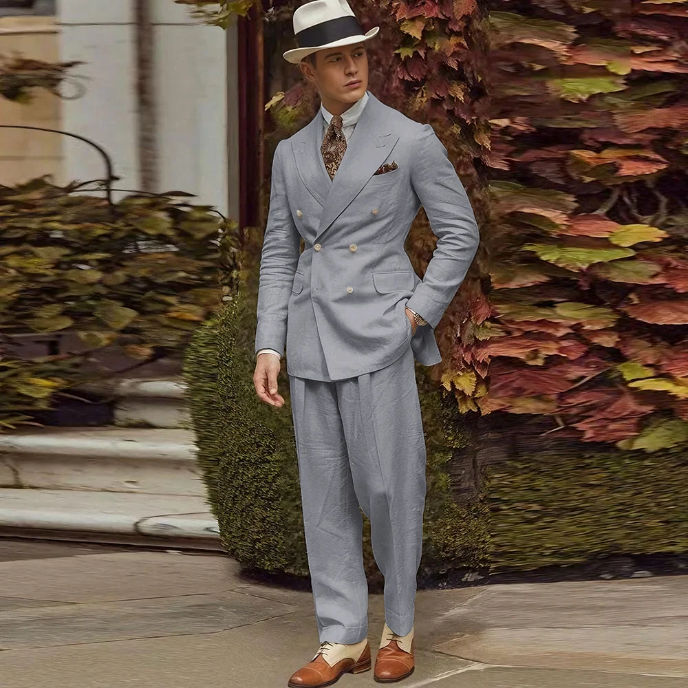 Linen Fabric Men Suits High Quality Banquet Peak Lapel Formal Occasion Customize 2 Pieces Jacket Pant Male Clothing Fashion