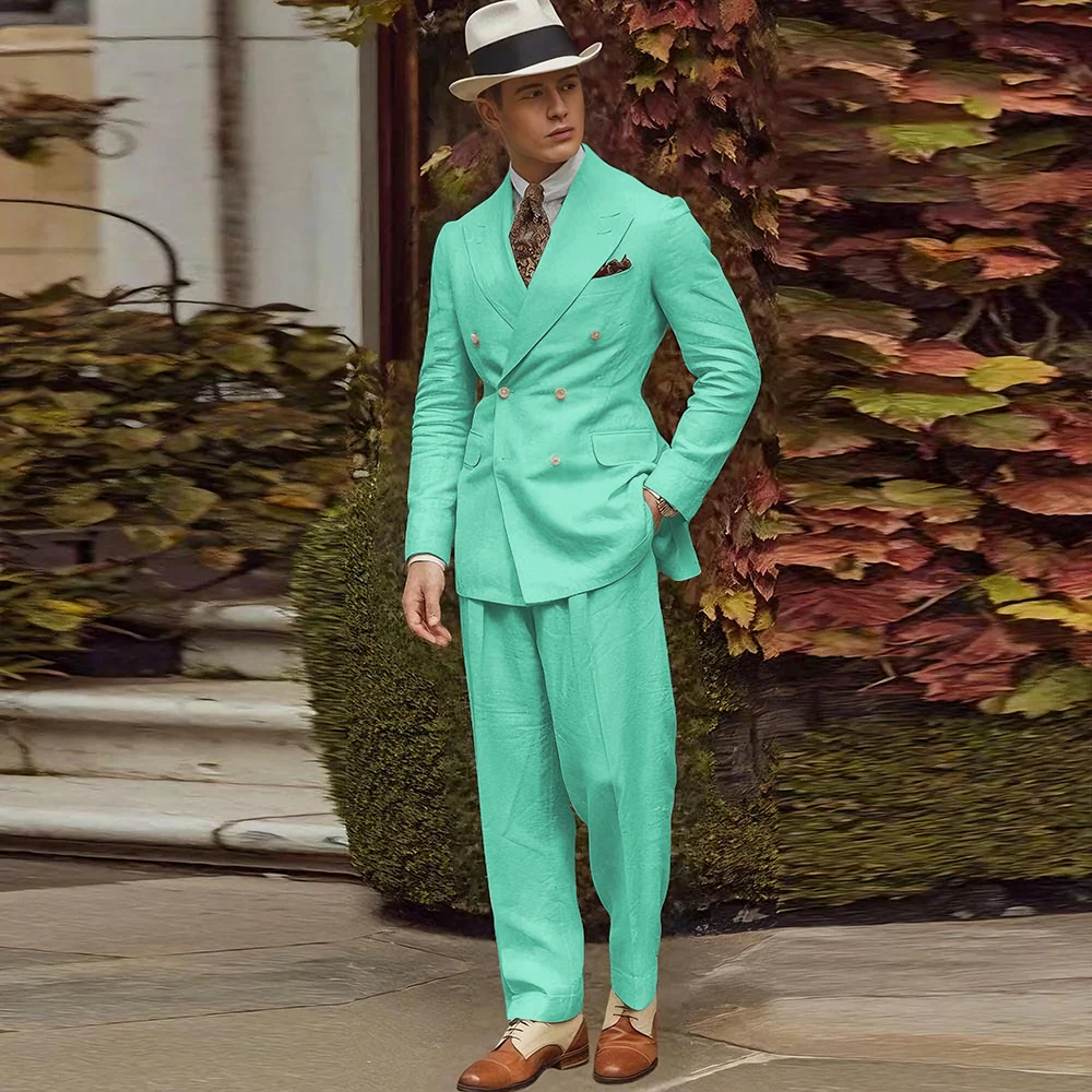 Linen Fabric Men Suits High Quality Banquet Peak Lapel Formal Occasion Customize 2 Pieces Jacket Pant Male Clothing Fashion
