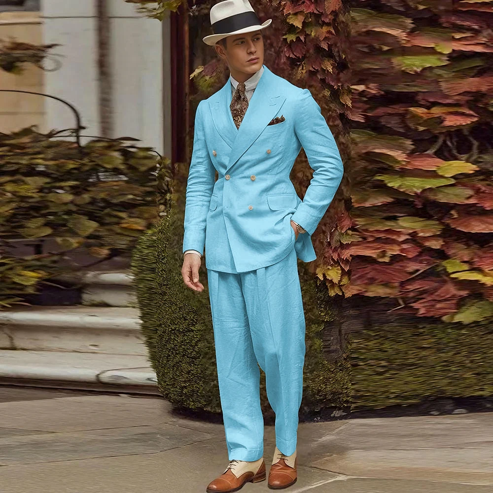 Linen Fabric Men Suits High Quality Banquet Peak Lapel Formal Occasion Customize 2 Pieces Jacket Pant Male Clothing Fashion