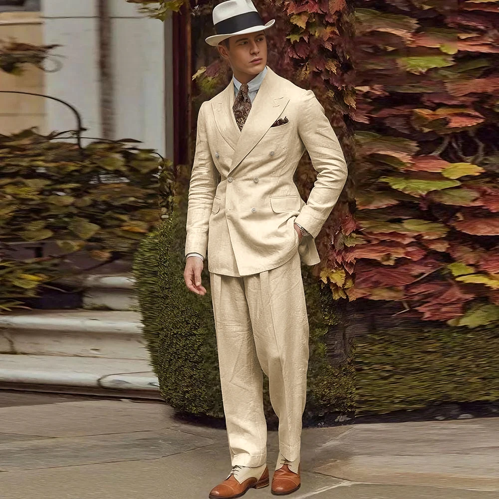 Linen Fabric Men Suits High Quality Banquet Peak Lapel Formal Occasion Customize 2 Pieces Jacket Pant Male Clothing Fashion