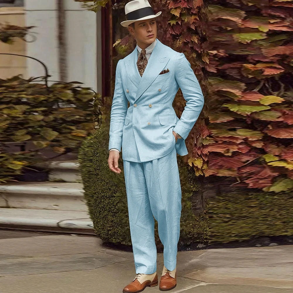 Linen Fabric Men Suits High Quality Banquet Peak Lapel Formal Occasion Customize 2 Pieces Jacket Pant Male Clothing Fashion
