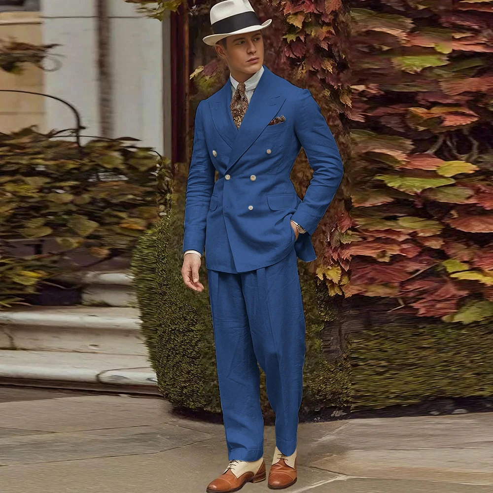 Linen Fabric Men Suits High Quality Banquet Peak Lapel Formal Occasion Customize 2 Pieces Jacket Pant Male Clothing Fashion