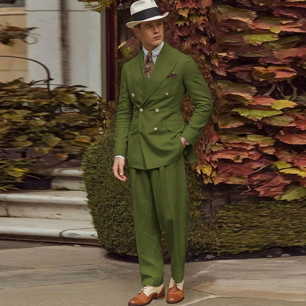 Linen Fabric Men Suits High Quality Banquet Peak Lapel Formal Occasion Customize 2 Pieces Jacket Pant Male Clothing Fashion