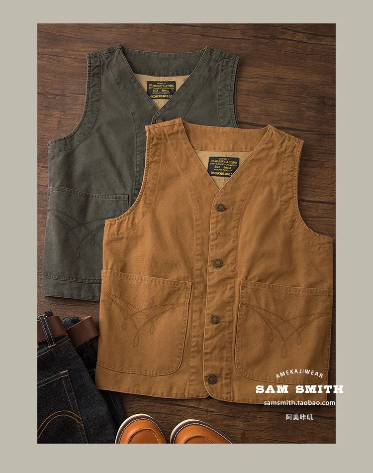 Heavyweight Amekaji American Retro Double-layer 12oz Canvas Outdoor Layered Vest Pockets Workwear Vest for Men Spring Autumn