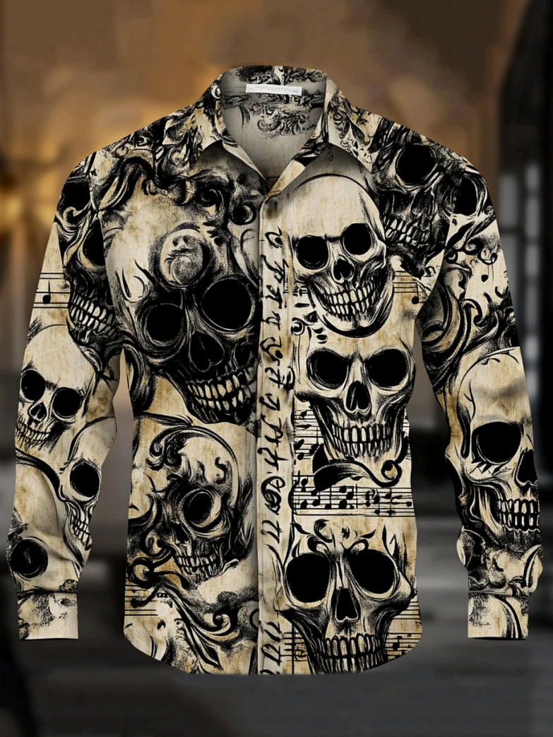 Men's 3D Halloween skull print long-sleeved shirt. Spring and autumn polyester fabric casual everyday wear. Lapel casual shirt.