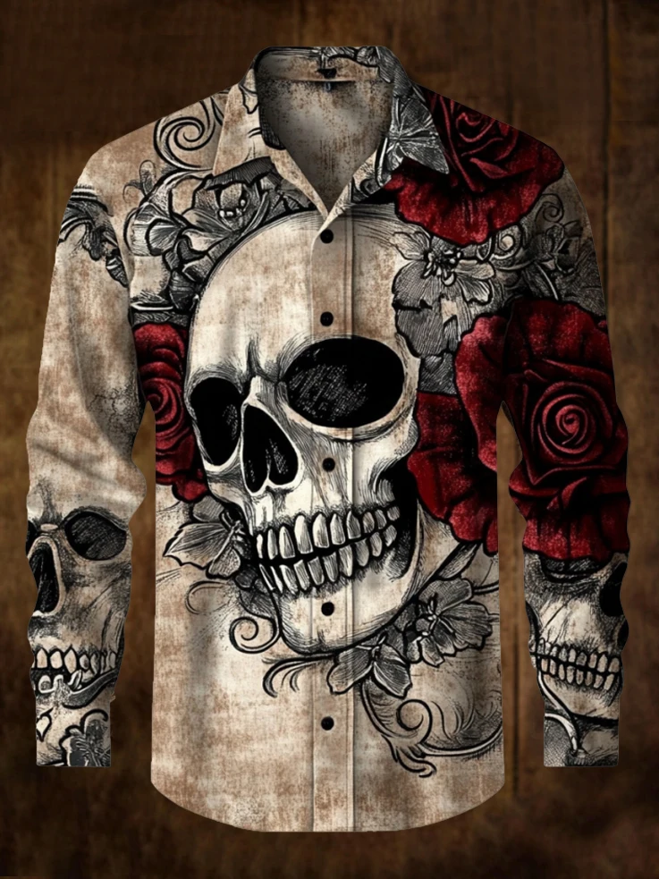 Men's 3D Halloween skull print long-sleeved shirt. Spring and autumn polyester fabric casual everyday wear. Lapel casual shirt.