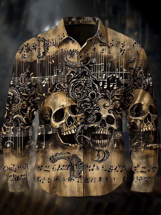 Men's 3D Halloween skull print long-sleeved shirt. Spring and autumn polyester fabric casual everyday wear. Lapel casual shirt.