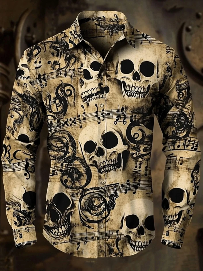 Men's 3D Halloween skull print long-sleeved shirt. Spring and autumn polyester fabric casual everyday wear. Lapel casual shirt.