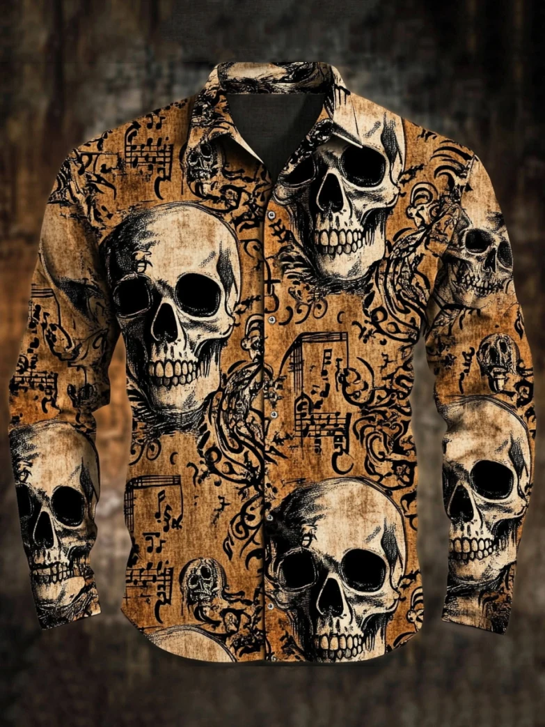 Men's 3D Halloween skull print long-sleeved shirt. Spring and autumn polyester fabric casual everyday wear. Lapel casual shirt.