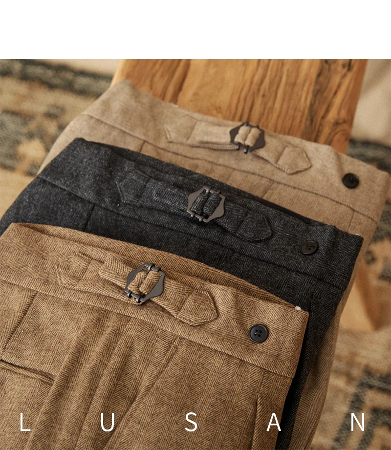 40% Wool Winter Thick Warm Naples Casual High Waist Straight Pants Commuter Retro Men