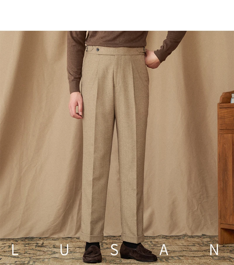 40% Wool Winter Thick Warm Naples Casual High Waist Straight Pants Commuter Retro Men