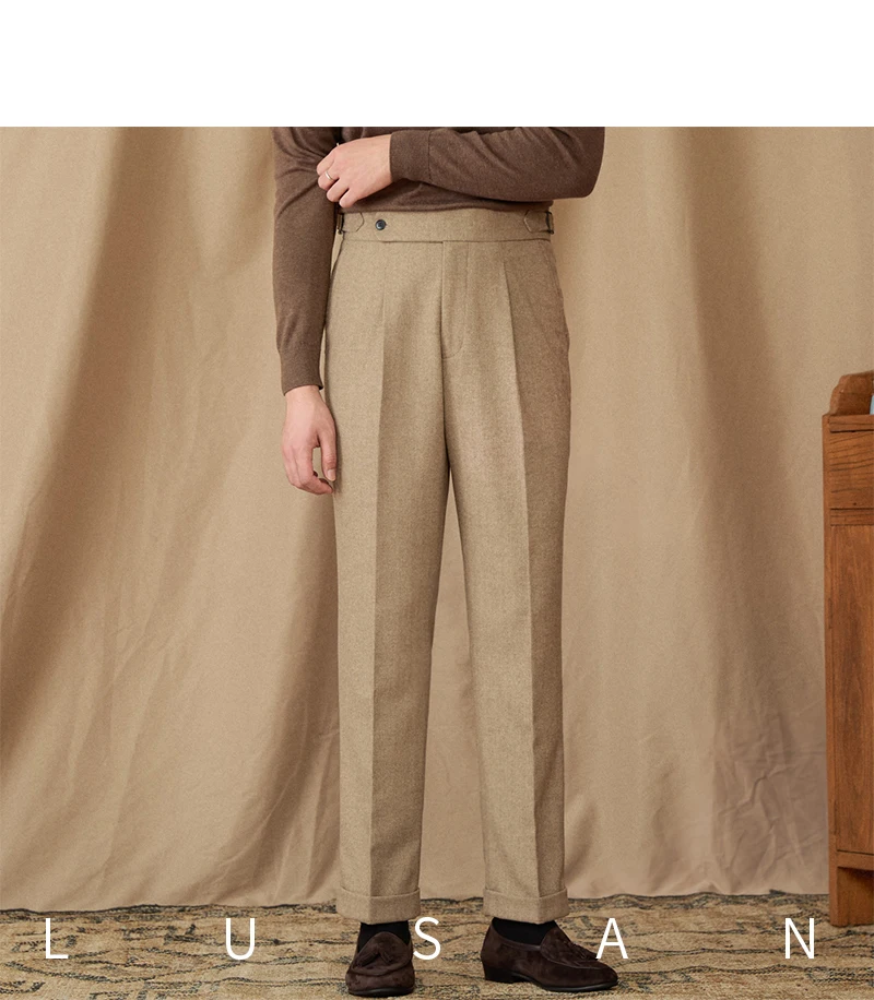 40% Wool Winter Thick Warm Naples Casual High Waist Straight Pants Commuter Retro Men
