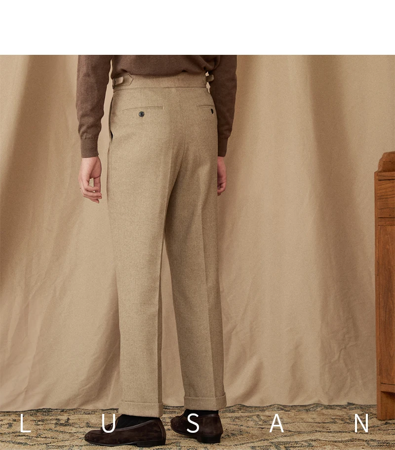 40% Wool Winter Thick Warm Naples Casual High Waist Straight Pants Commuter Retro Men