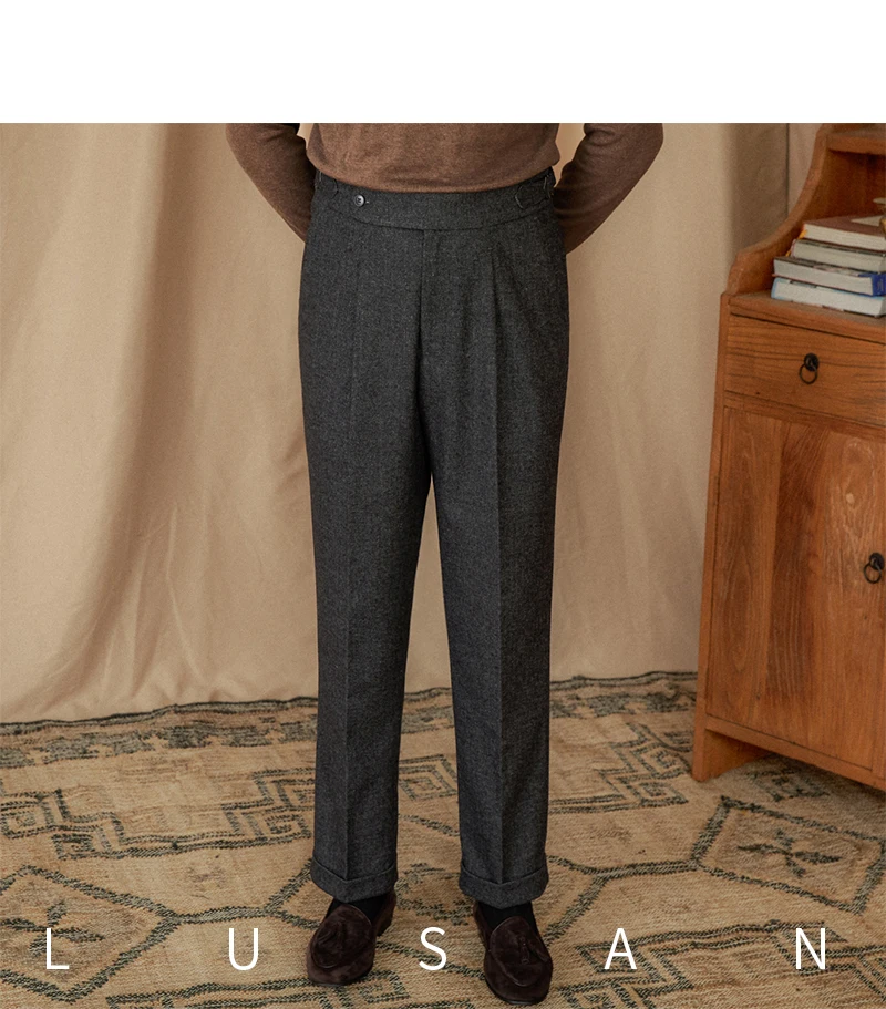 40% Wool Winter Thick Warm Naples Casual High Waist Straight Pants Commuter Retro Men