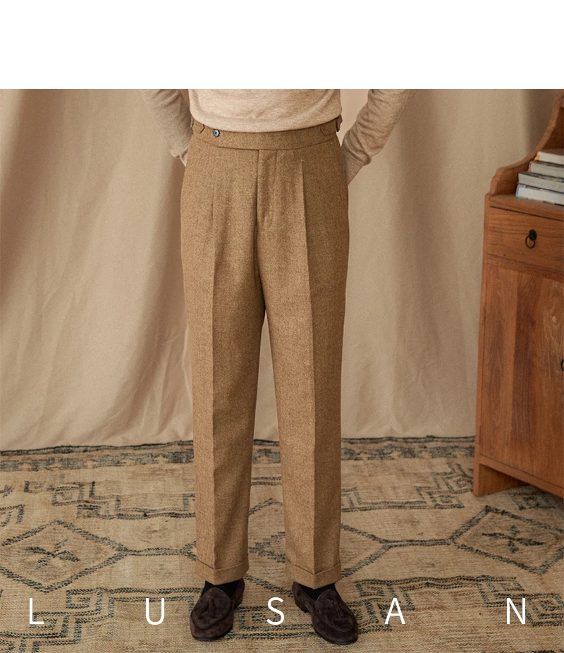40% Wool Winter Thick Warm Naples Casual High Waist Straight Pants Commuter Retro Men