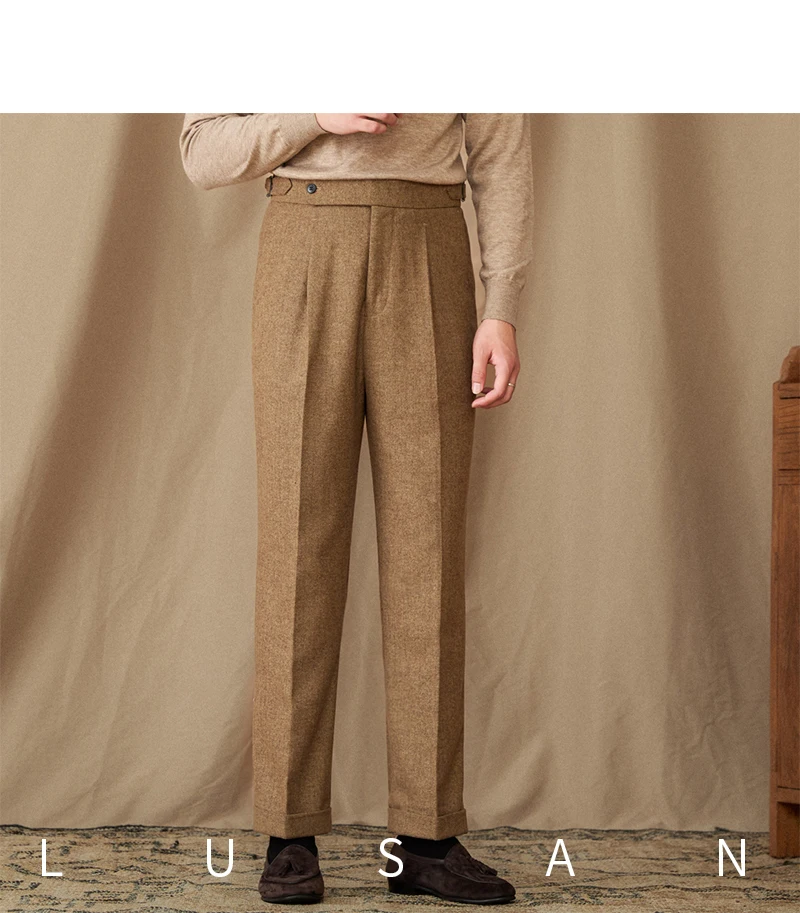 40% Wool Winter Thick Warm Naples Casual High Waist Straight Pants Commuter Retro Men