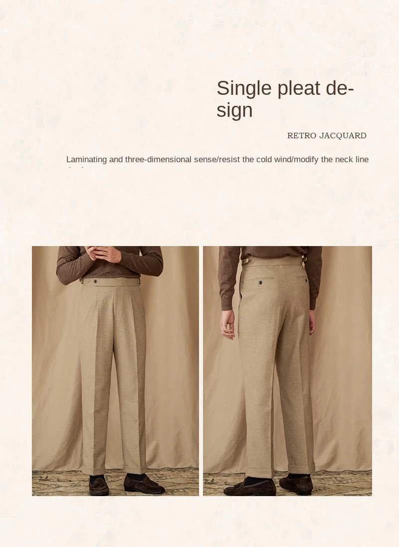 40% Wool Winter Thick Warm Naples Casual High Waist Straight Pants Commuter Retro Men