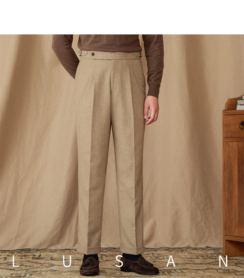 40% Wool Winter Thick Warm Naples Casual High Waist Straight Pants Commuter Retro Men