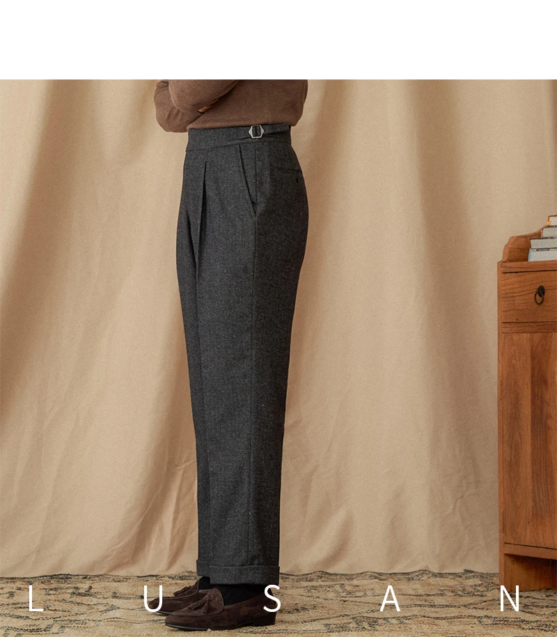 40% Wool Winter Thick Warm Naples Casual High Waist Straight Pants Commuter Retro Men