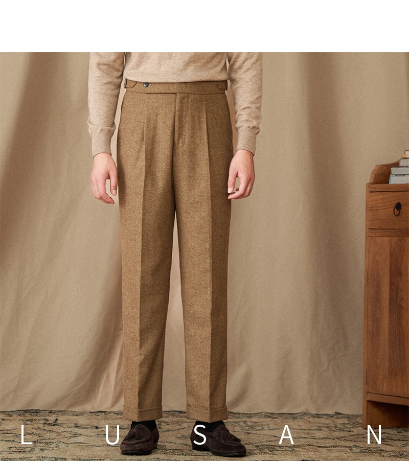 40% Wool Winter Thick Warm Naples Casual High Waist Straight Pants Commuter Retro Men
