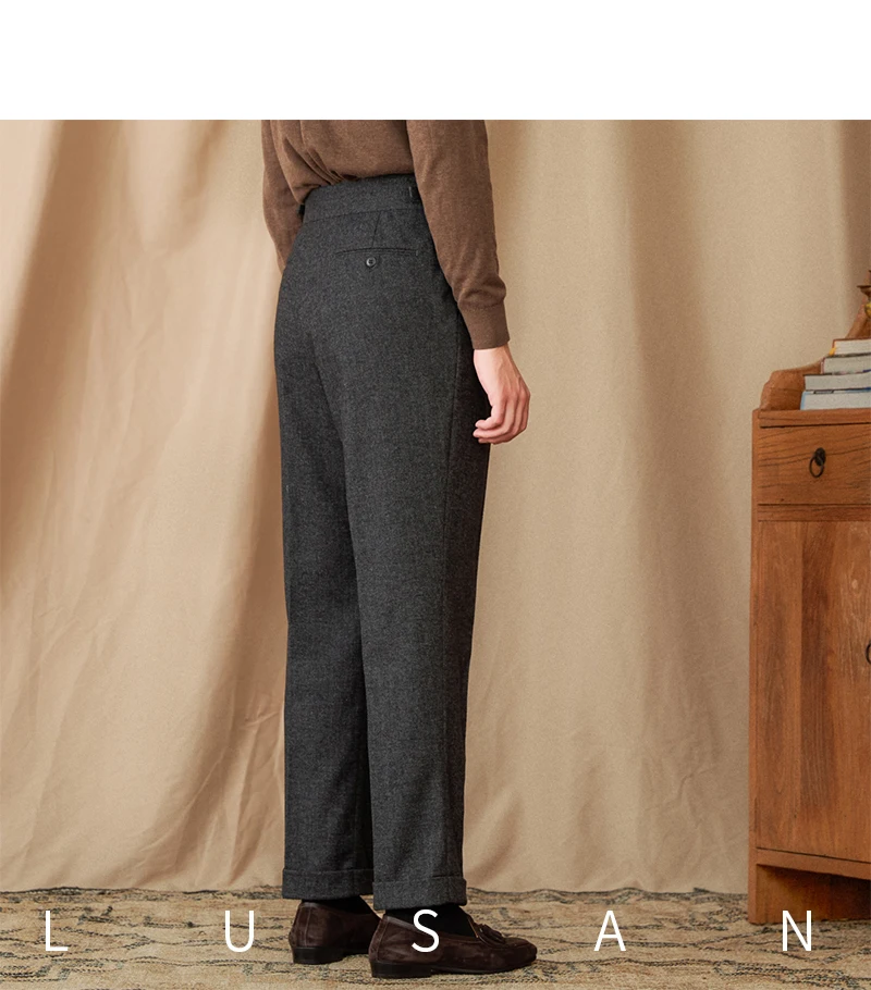 40% Wool Winter Thick Warm Naples Casual High Waist Straight Pants Commuter Retro Men