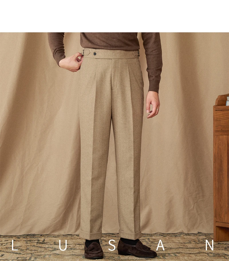 40% Wool Winter Thick Warm Naples Casual High Waist Straight Pants Commuter Retro Men