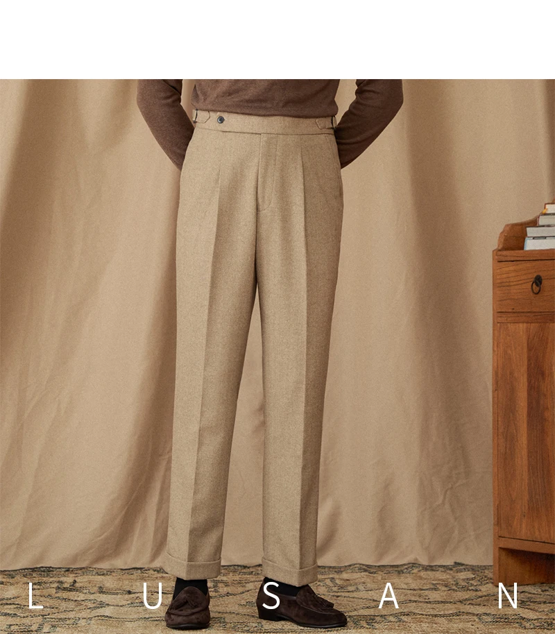 40% Wool Winter Thick Warm Naples Casual High Waist Straight Pants Commuter Retro Men