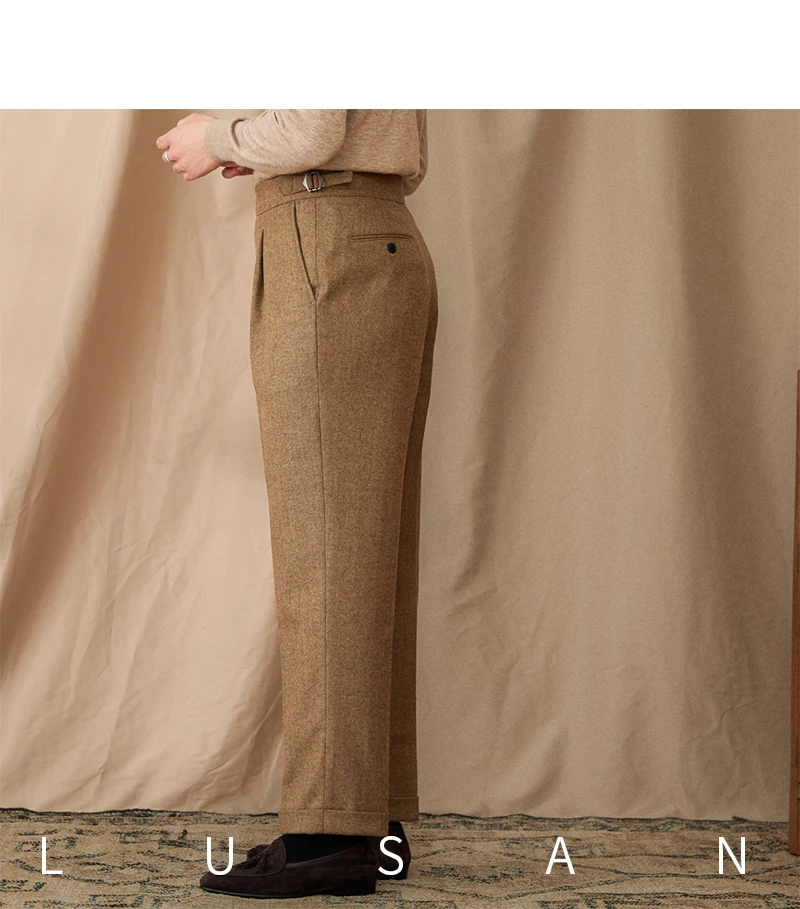 40% Wool Winter Thick Warm Naples Casual High Waist Straight Pants Commuter Retro Men