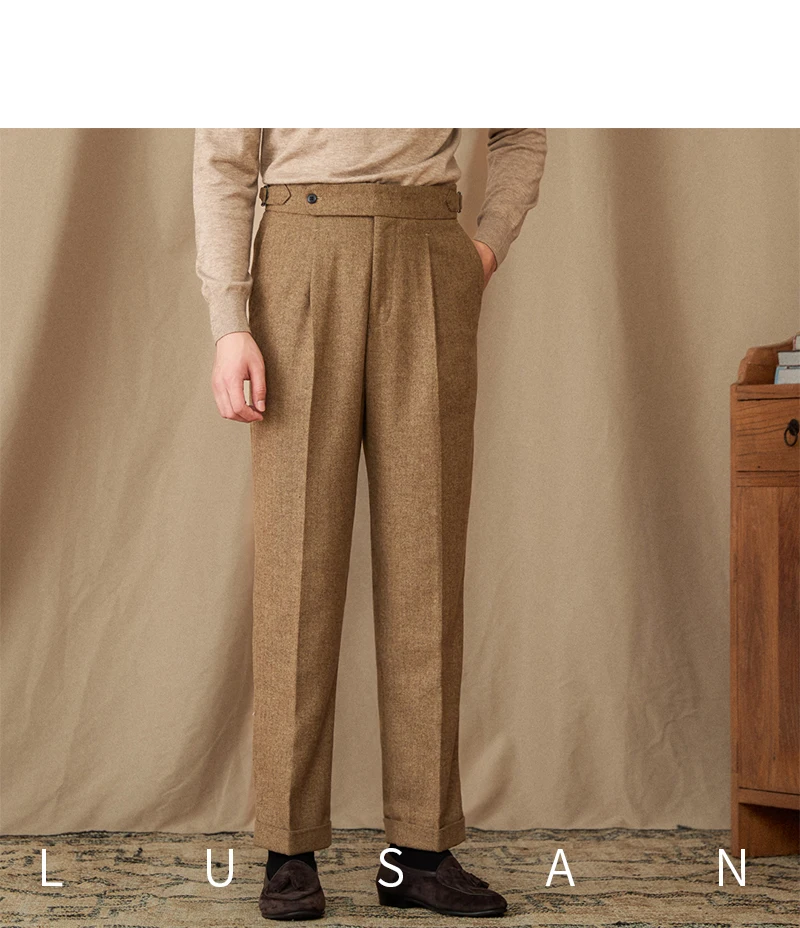 40% Wool Winter Thick Warm Naples Casual High Waist Straight Pants Commuter Retro Men