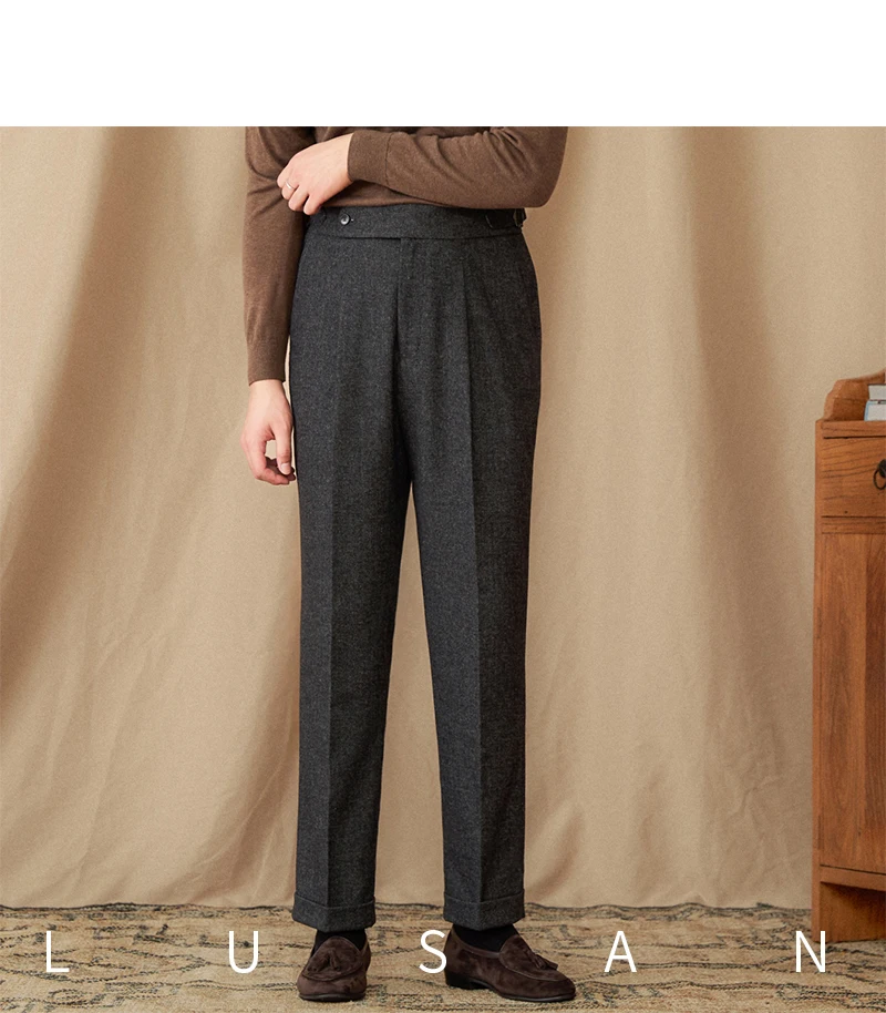 40% Wool Winter Thick Warm Naples Casual High Waist Straight Pants Commuter Retro Men