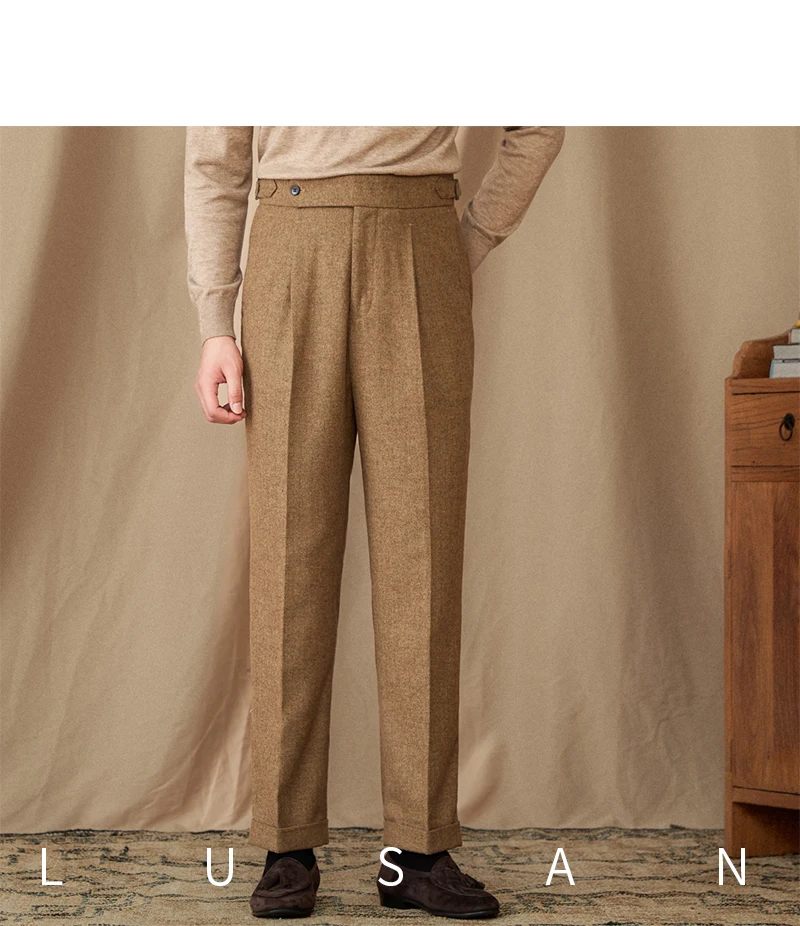 40% Wool Winter Thick Warm Naples Casual High Waist Straight Pants Commuter Retro Men