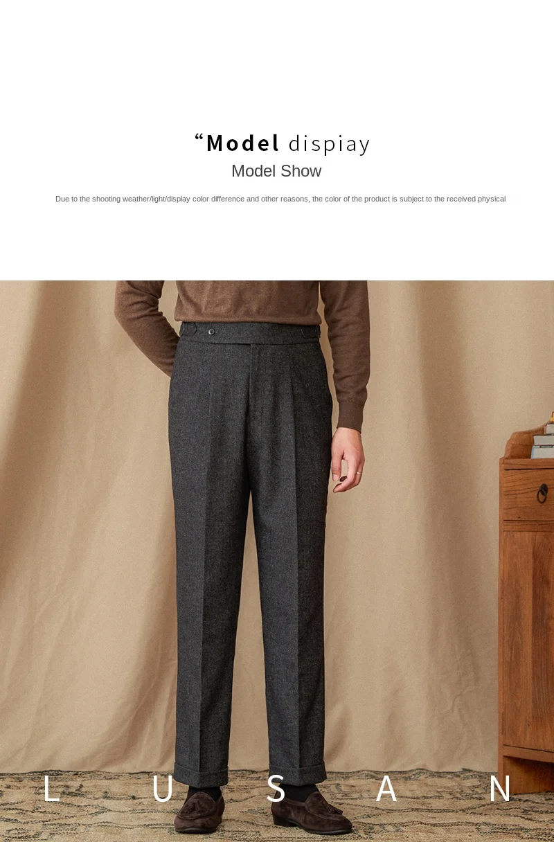 40% Wool Winter Thick Warm Naples Casual High Waist Straight Pants Commuter Retro Men