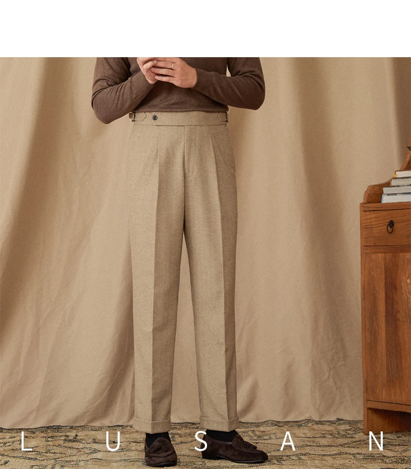 40% Wool Winter Thick Warm Naples Casual High Waist Straight Pants Commuter Retro Men
