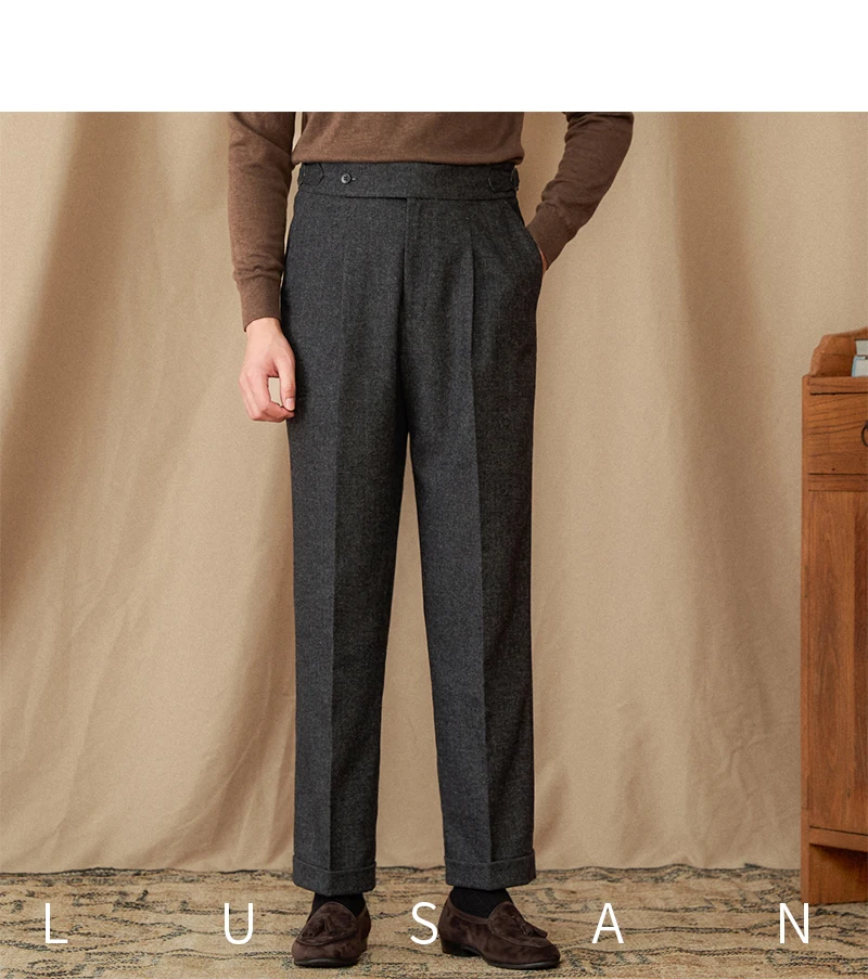 40% Wool Winter Thick Warm Naples Casual High Waist Straight Pants Commuter Retro Men